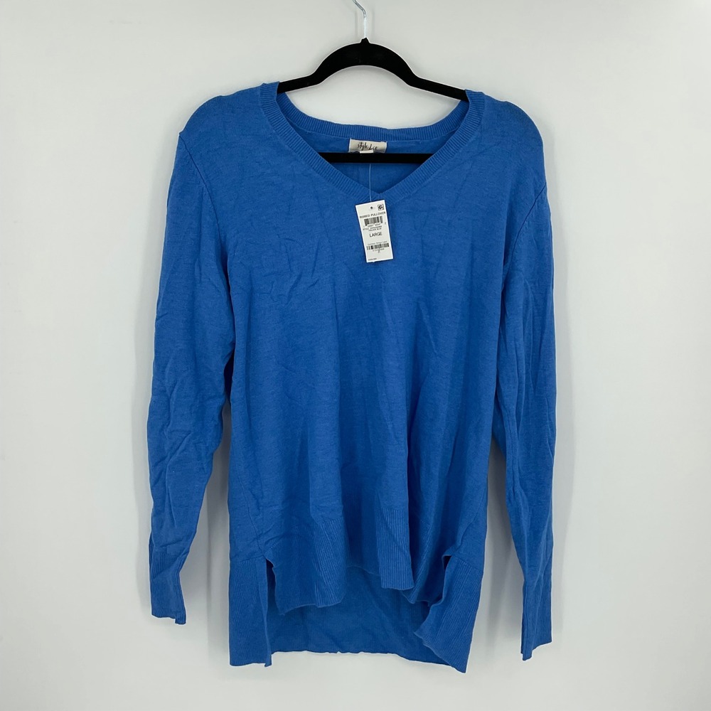 Style‎ Co Ribbed Pullover Sweater Palace Blue V Neck Long Sleeve Women's Large